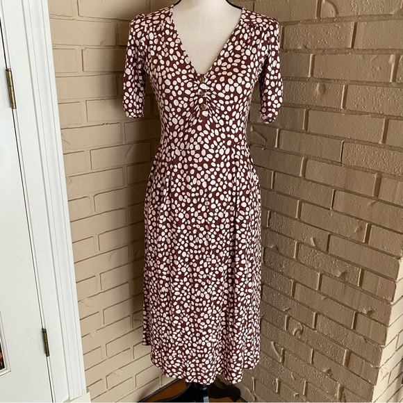 BODEN Soft Stretch Brown Polka Dot Button Jersey Casual Dress Size US 4 P - Picture 1 of 12